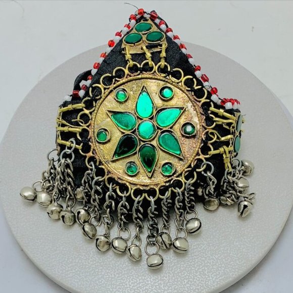 Green Kuchi Afghan Matha Patti, Ethnic Hair Jewelry, Afghan Hair Accessories, main image 7